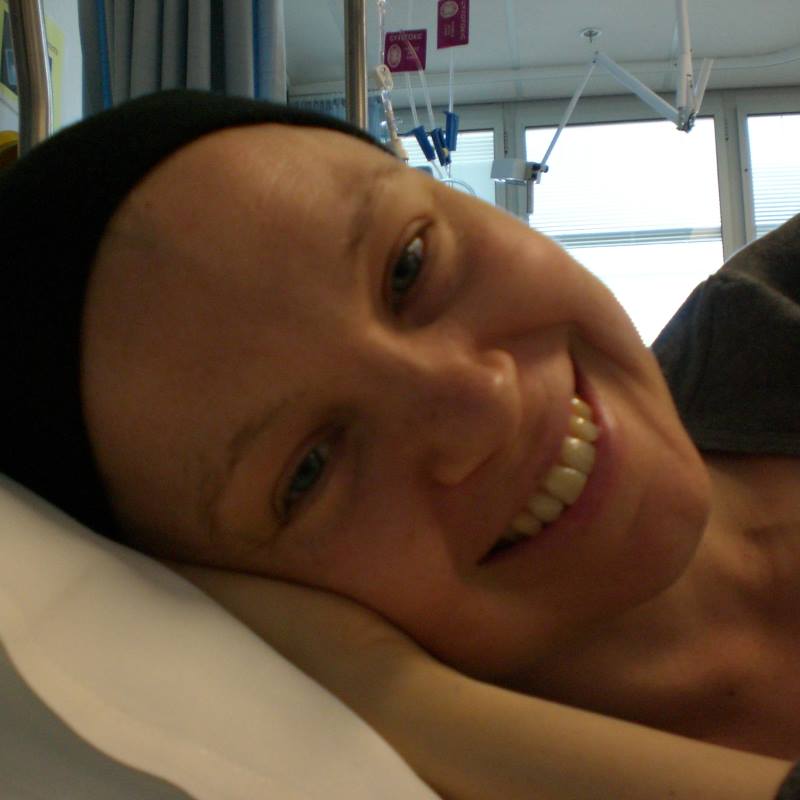 Josie wearing black beanie on the cancer ward.